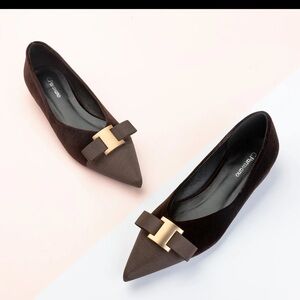 C. Paravano Dark Brown Pointed Toe Flat with Gold Buckle
